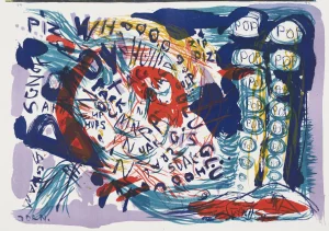 Lithografía colorida y expresiva sin título de Asger Jorn, 1964, representando el estilo vibrante del movimiento artístico CoBrA.