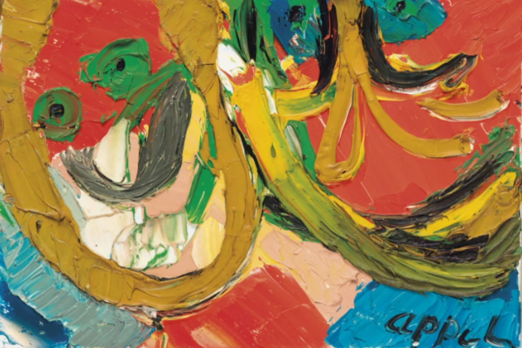 Obra de arte abstracta, vibrante y colorida sin título de Karel Appel, representativo del movimiento artístico CoBrA, caracterizado por su libertad de forma y color.