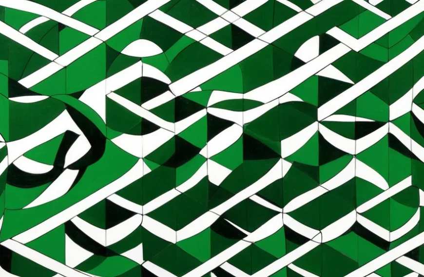 Composición artística vibrante de OBP, mostrando un entrelazado geométrico de líneas y formas en tonos de verde y negro, ideal para destacar en galerías de arte y capturar la atención de los visitantes.
