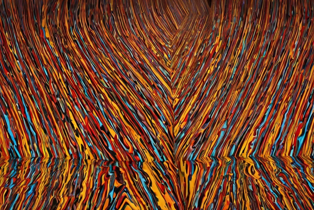 Obra de arte abstracto vibrante por OBP, mostrando líneas entrelazadas en una variedad de colores intensos, ideal para ilustrar las claves para vender arte efectivamente.
