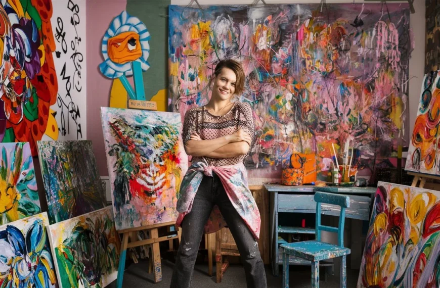 Una artista emergente en su estudio rodeada de coloridas pinturas, destacando la importancia del SEO para artistas emergentes. OBP.