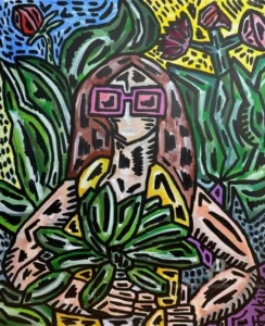 A Gardener, pintura vibrante de 2024 por Jeongyeon Kim, que muestra una figura femenina estilizada rodeada de naturaleza exuberante y patrones gráficos. Ideal para SEO para Artistas Emergentes.