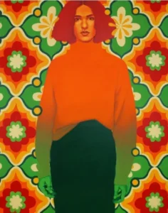 Tangerine, 2023. Pintura por Cannibal Malabar que muestra a una mujer de cabello rojo con un fondo vibrante de patrones geométricos en tonos naranja, verde y rojo.